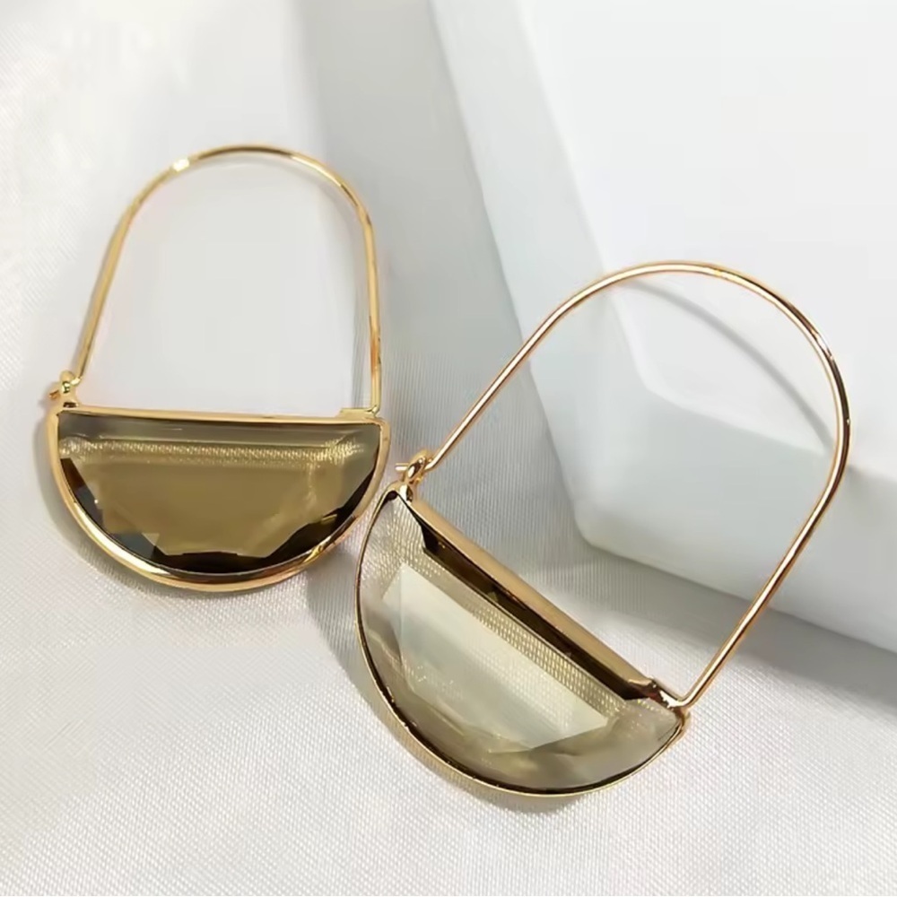 Modern Taupe Glass Crescent Hoop Gold Earrings